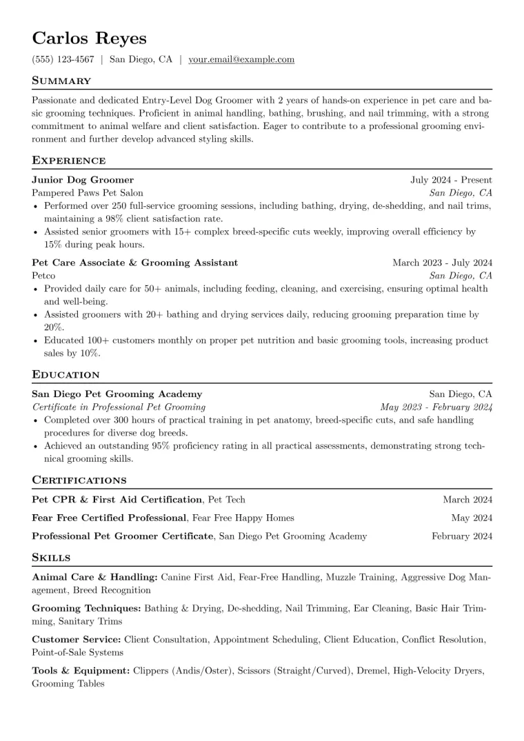 Entry-Level Dog Groomer Resume Example CV template preview