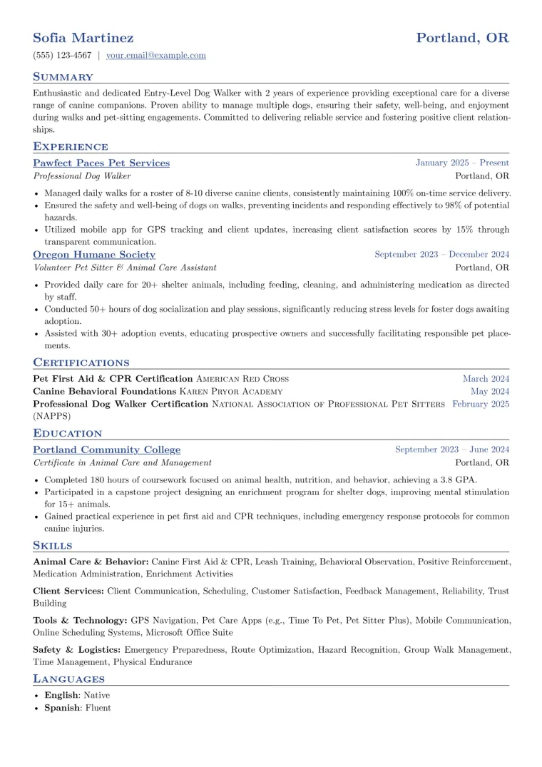 Entry-Level Dog Walker Resume Example CV template preview