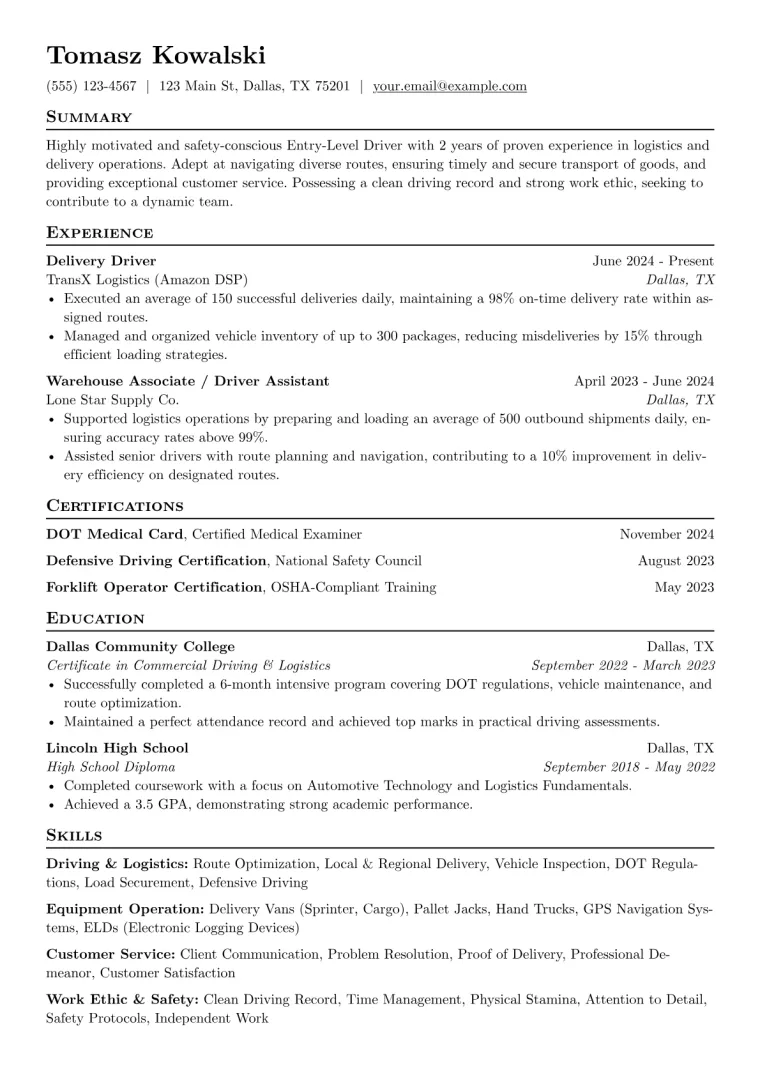 Entry-Level Driver Resume Example preview