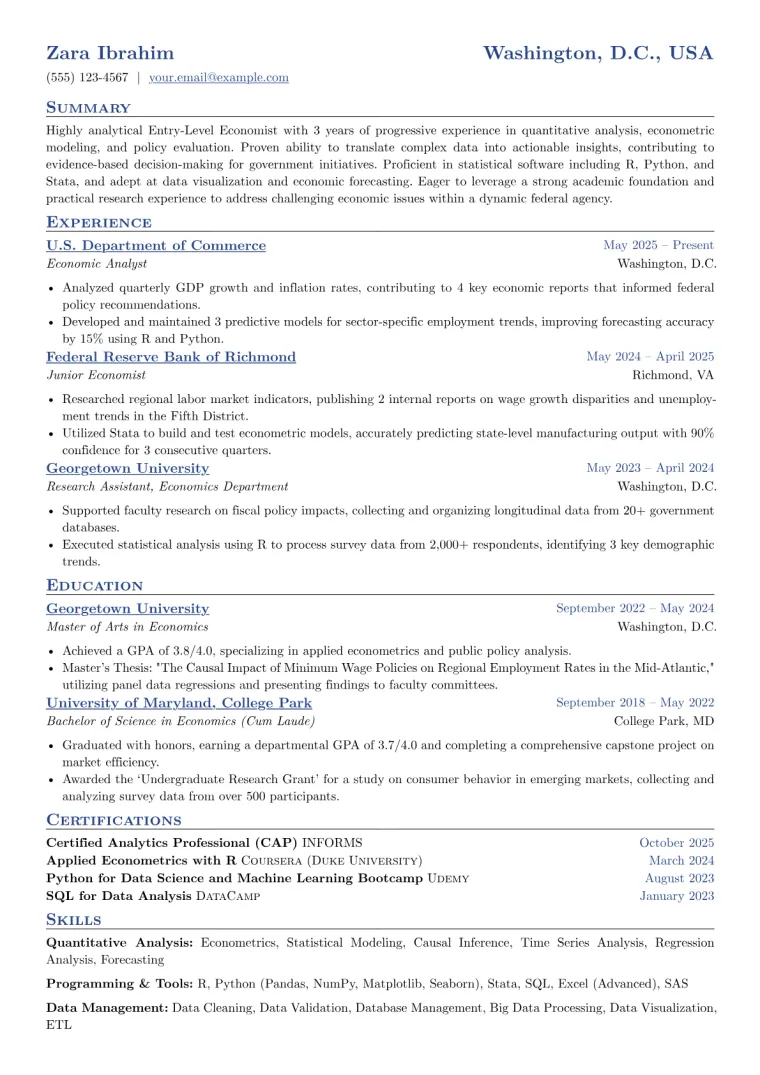 Entry-Level Economist Resume Example CV template preview