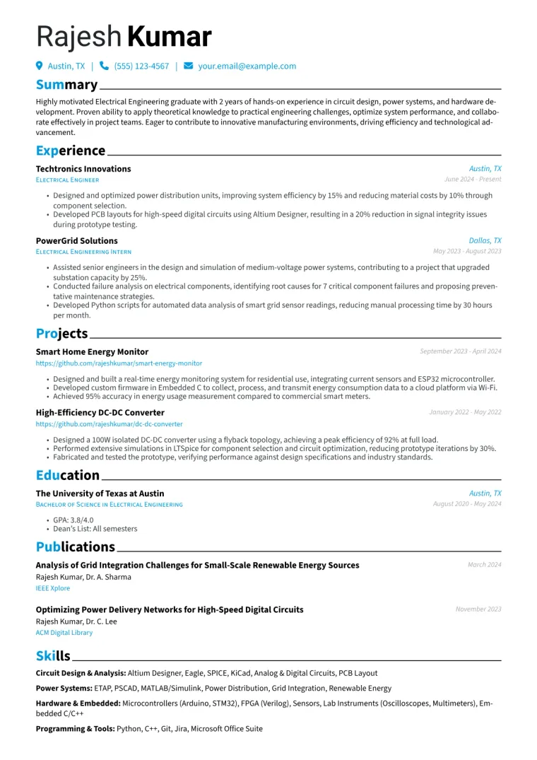 Entry-Level Electrical Engineer Resume Example CV template preview