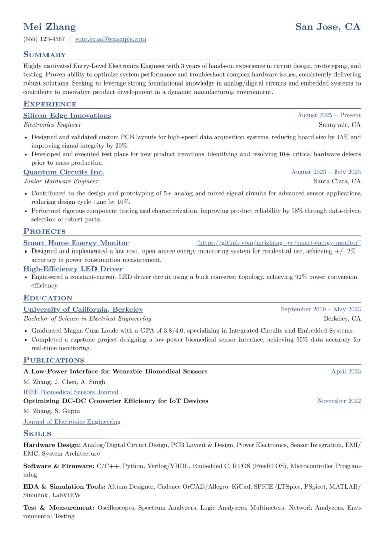 Entry-Level Electronics Engineer Resume Example CV template preview