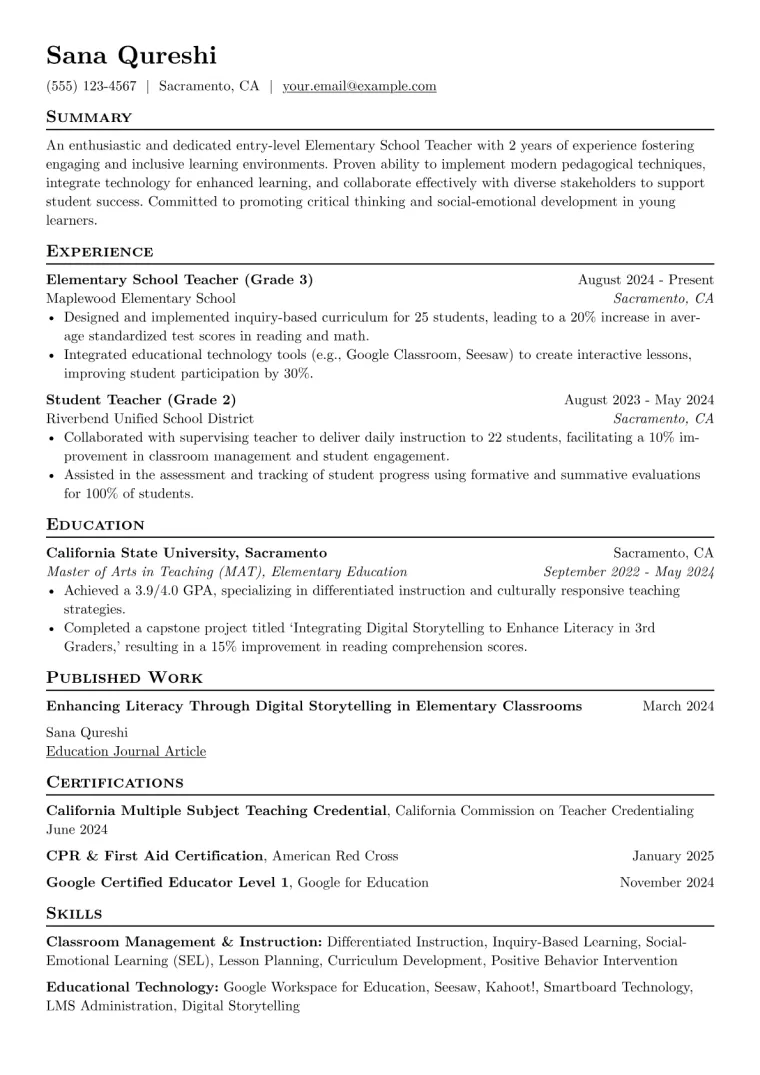 Entry Level Elementary Teacher Resume Example CV template preview