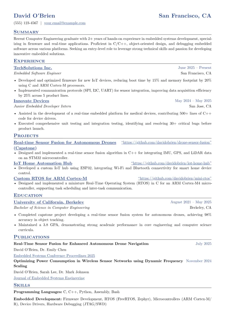 Entry-Level Embedded Software Engineer Resume Example CV template preview