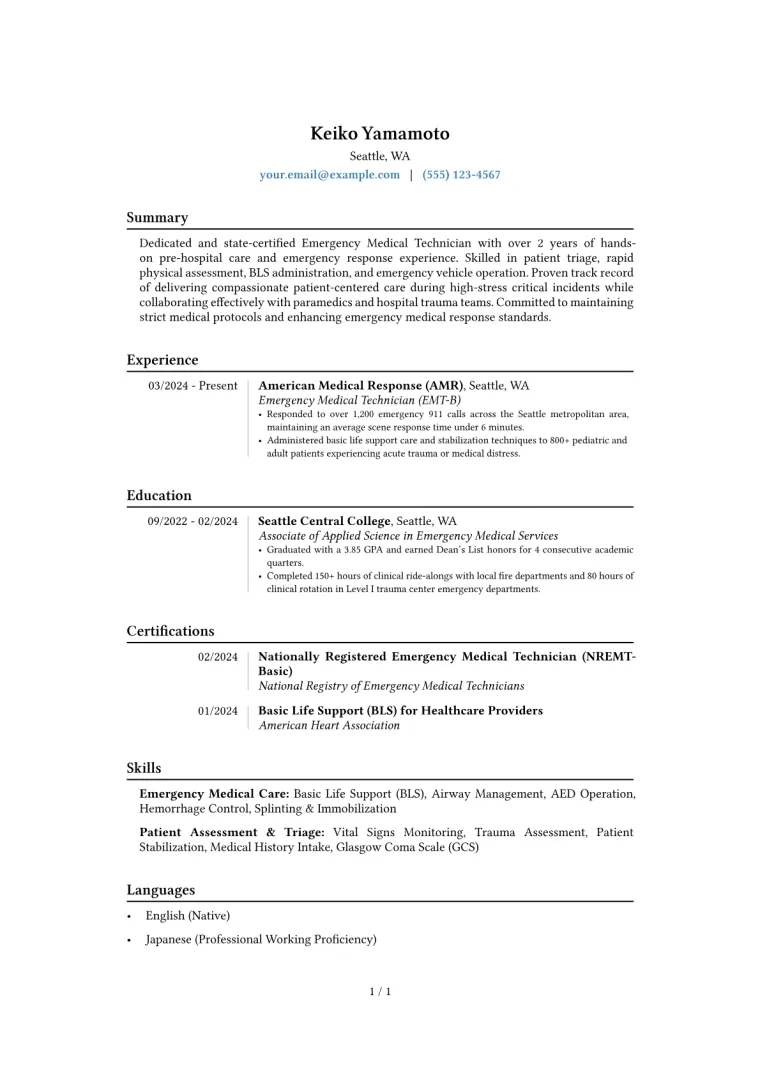Entry-Level EMT Resume Example CV template preview