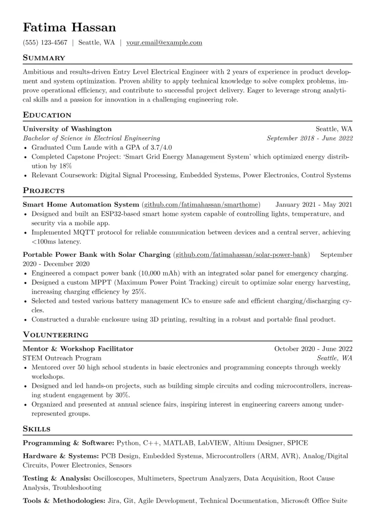 Entry Level Engineering Resume Example CV template preview