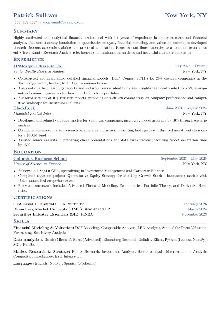 Entry Level Equity Research Analyst Resume Example preview