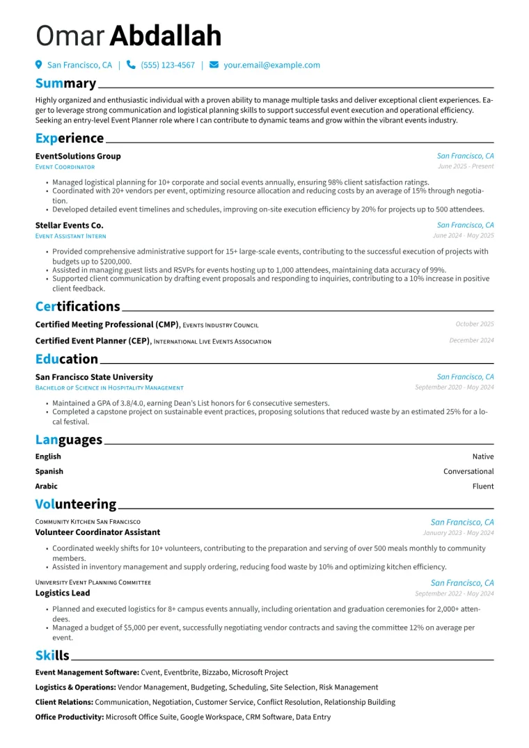 Entry-Level Event Planner Resume Example CV template preview