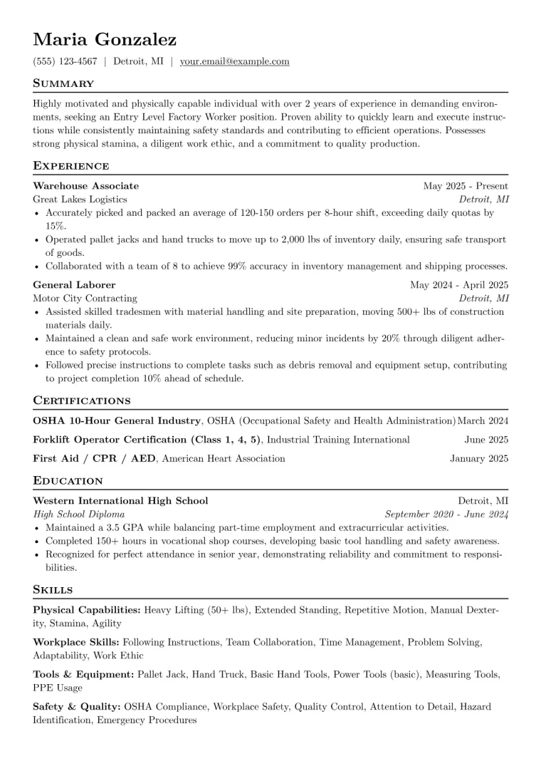 Entry Level Factory Worker Resume Example preview