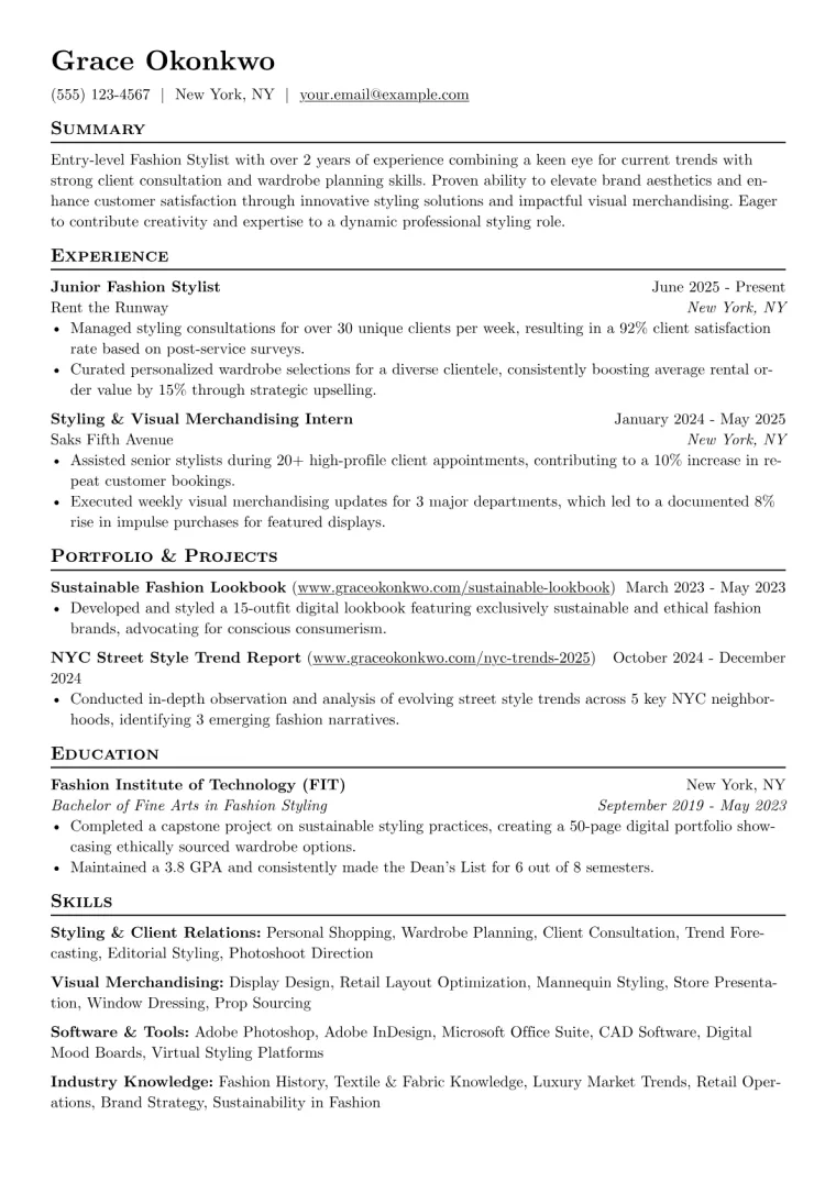 Entry-Level Fashion Stylist Resume Example CV template preview