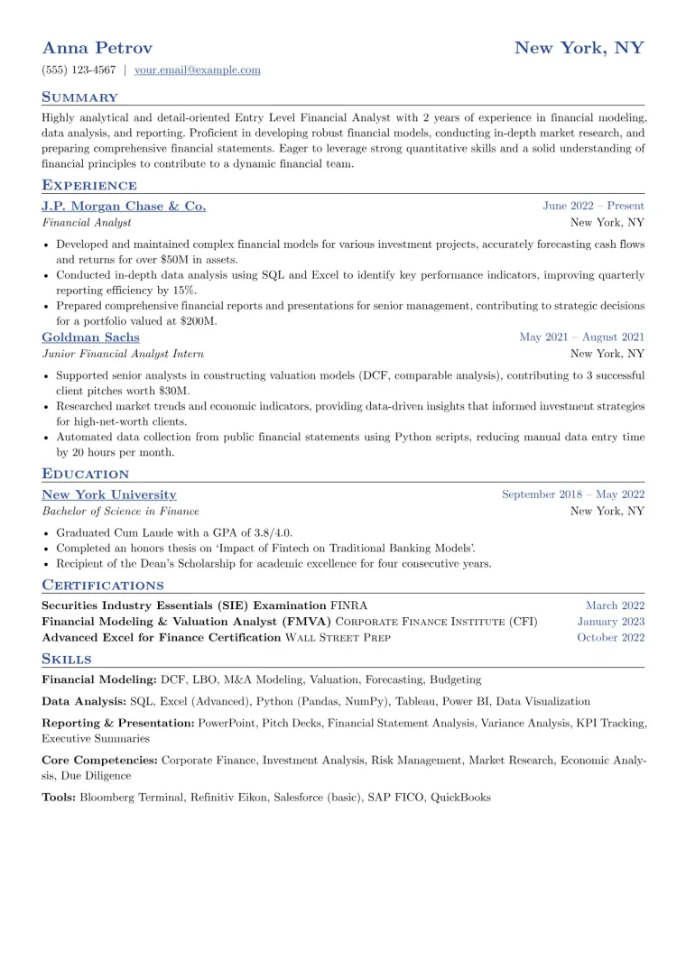 Entry Level Financial Analyst Resume Example CV template preview