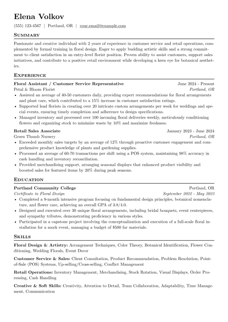 Entry-Level Florist Resume Example CV template preview