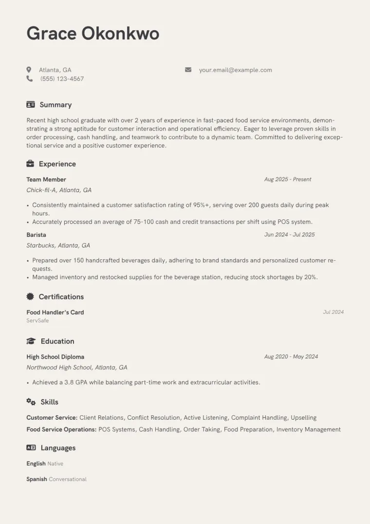 Entry-Level Food Service Worker Resume Example preview