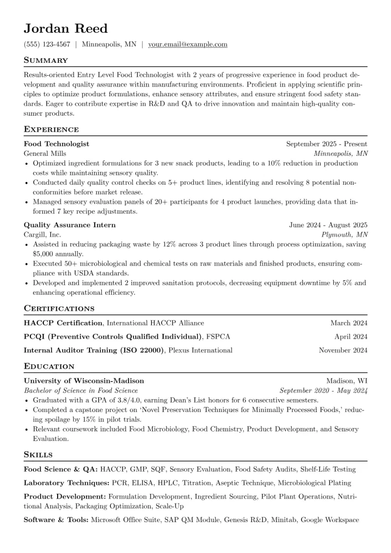 Entry Level Food Technologist Resume Example preview