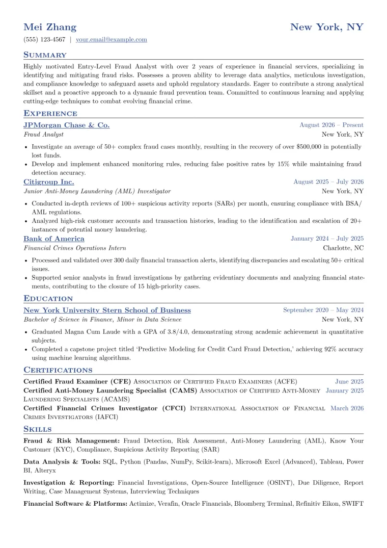 Entry-Level Fraud Analyst Resume Example preview