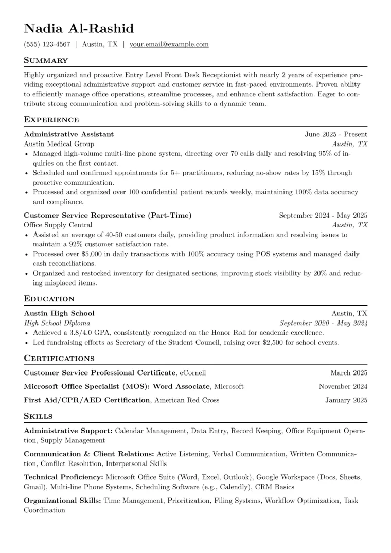Entry Level Front Desk Receptionist Resume Example CV template preview