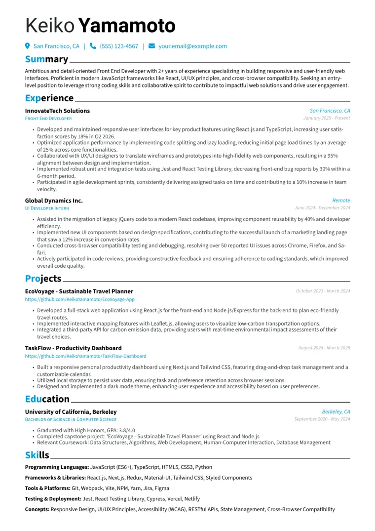 Entry-Level Front End Developer Resume Example preview