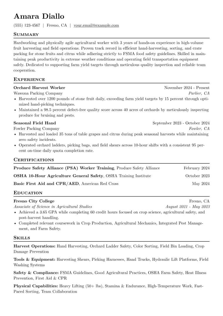 Entry-Level Fruit Picker Resume Example CV template preview