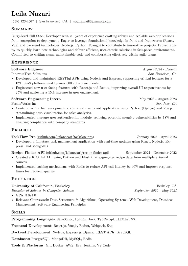 Entry-Level Full Stack Developer Resume Example preview