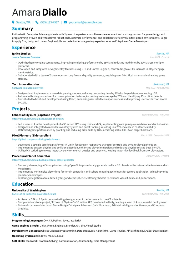 Entry-Level Game Developer Resume Example CV template preview