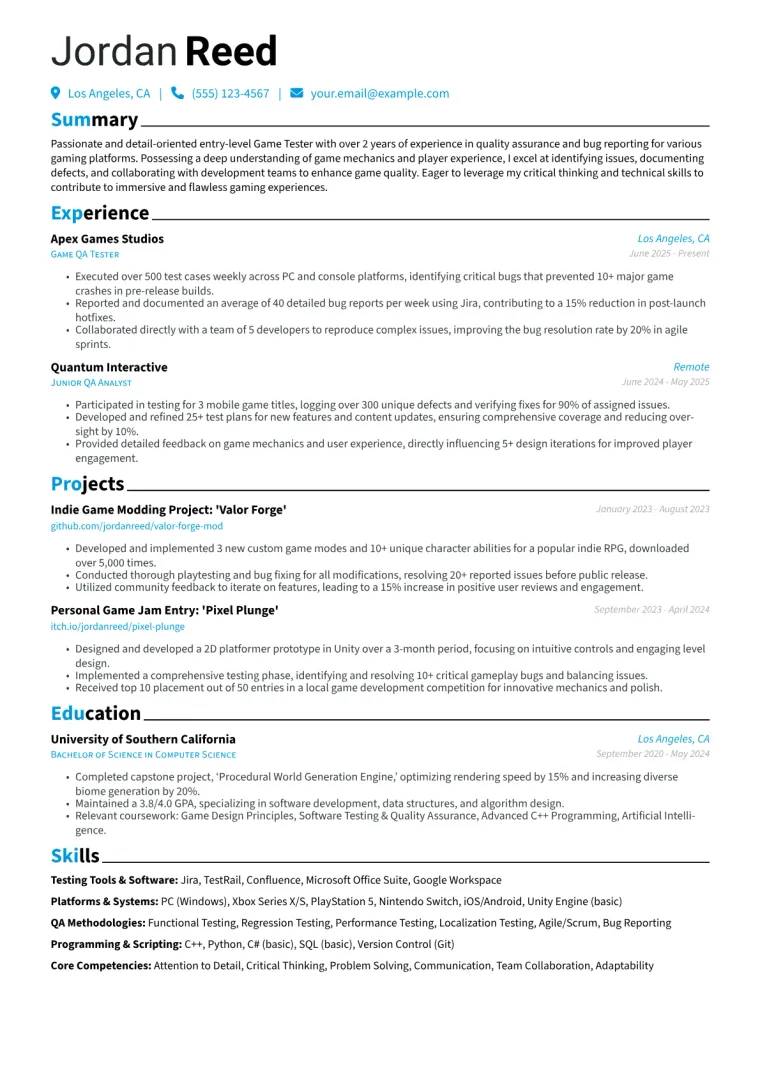 Entry-Level Game Tester Resume Example CV template preview