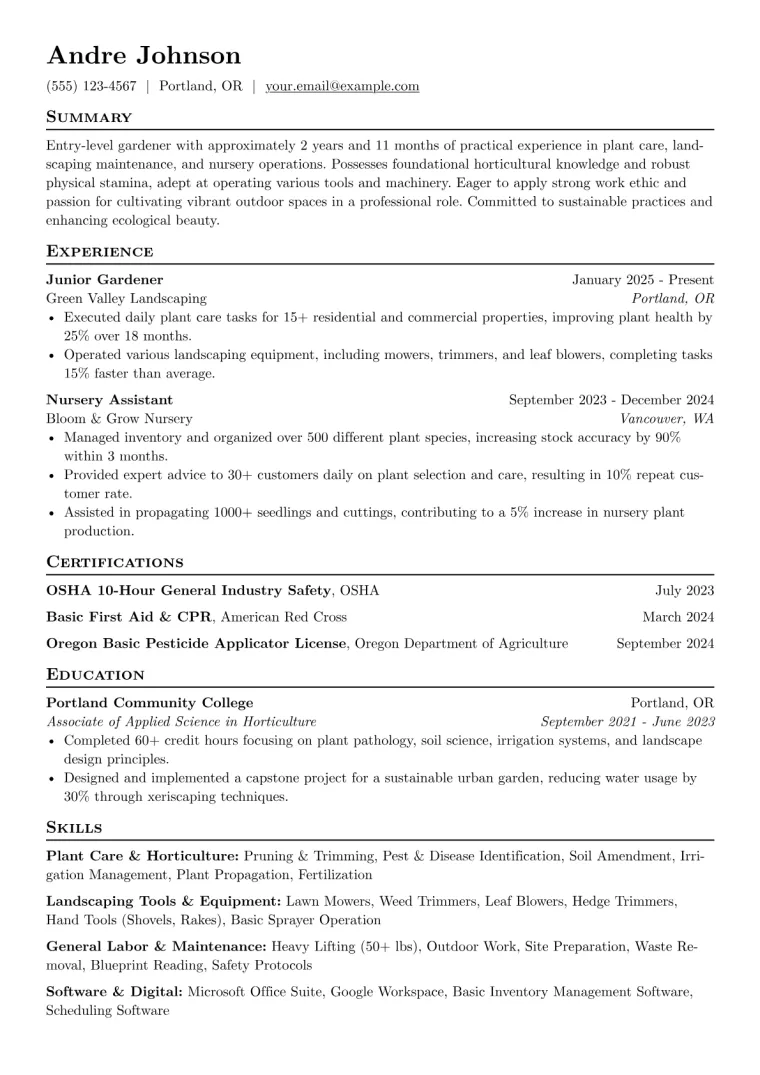 Entry-Level Gardener Resume Example preview