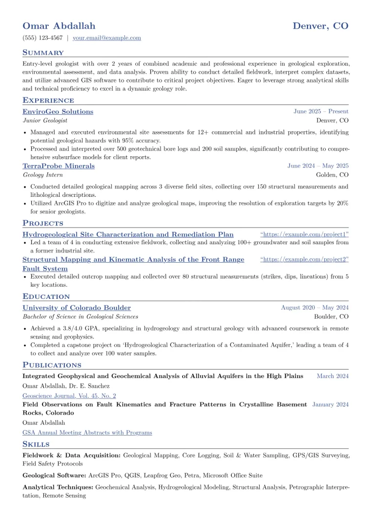 Entry Level Geologist Resume Example preview