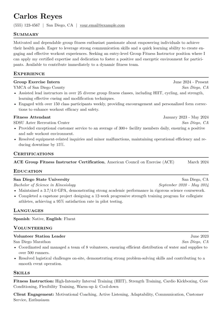 Entry Level Group Fitness Instructor Resume Example preview