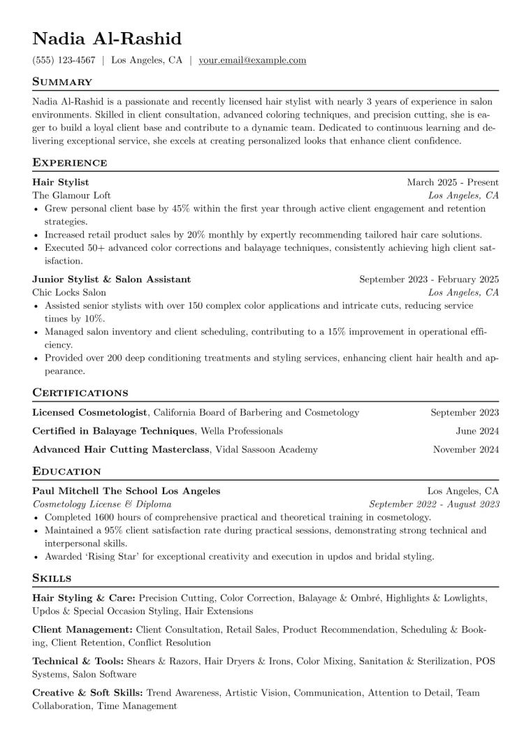 Entry-Level Hair Stylist Resume Example CV template preview