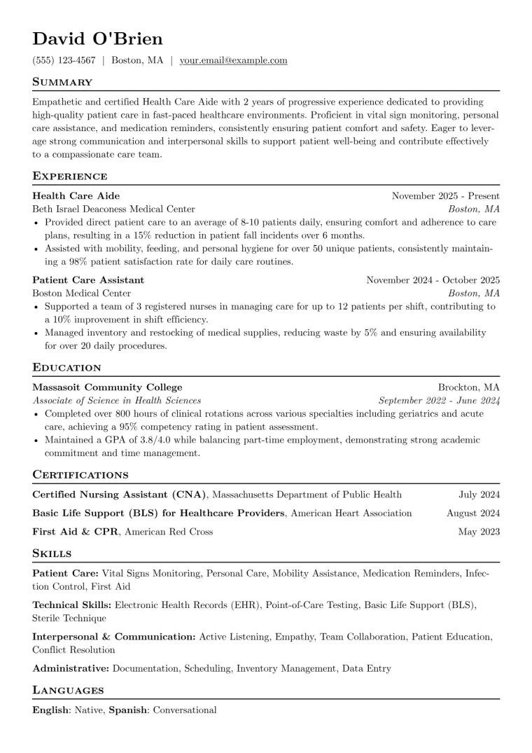Entry Level Health Care Aide Resume Example preview