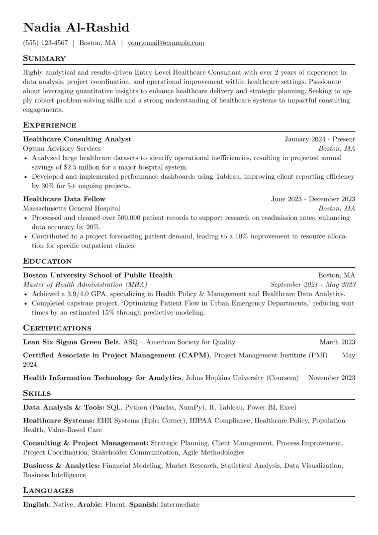 Entry-Level Healthcare Consultant Resume Example CV template preview