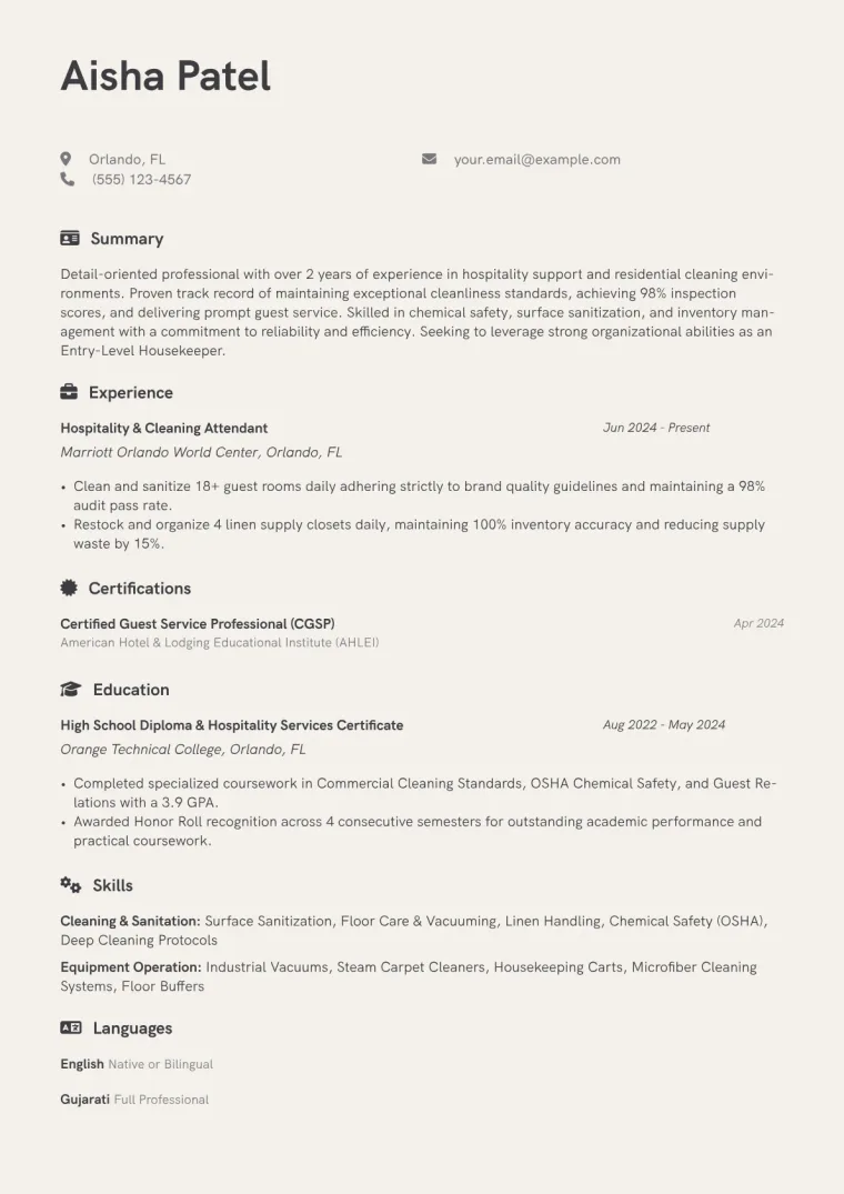 Entry-Level Housekeeper Resume Example preview