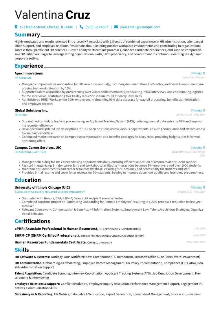 Entry-Level HR Associate Resume Example CV template preview