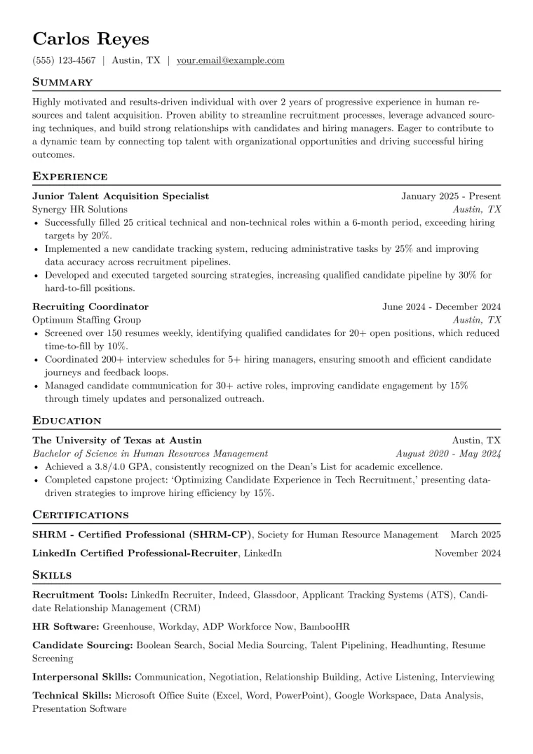 Entry-Level HR Recruiter Resume Example preview