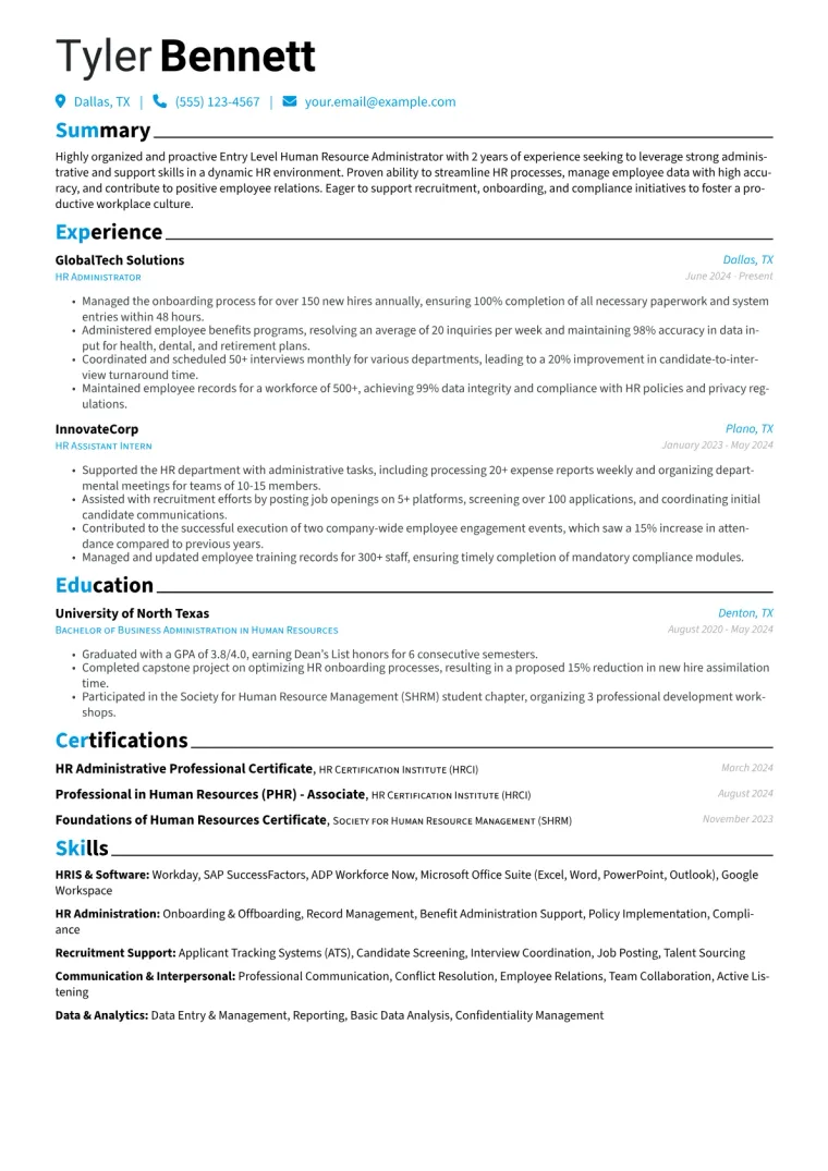 Entry Level Human Resource Administrator Resume Example CV template preview