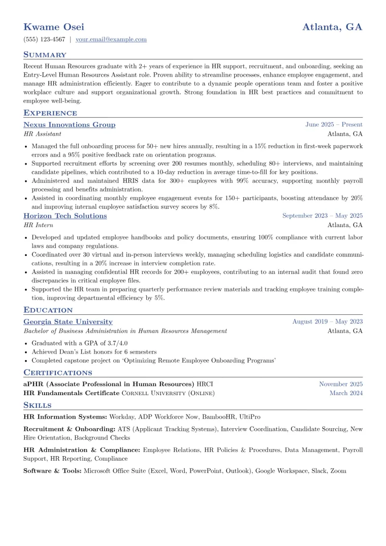 Entry-Level Human Resources Assistant Resume Example CV template preview