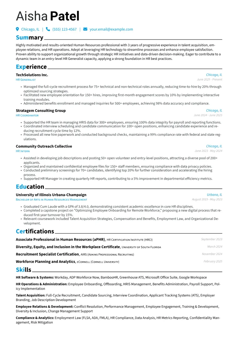 Entry-Level Human Resources Generalist Resume Example CV template preview
