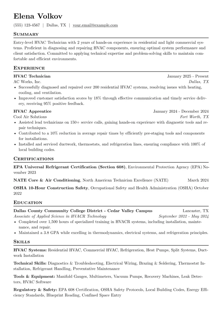 Entry Level HVAC Technician Resume Example preview