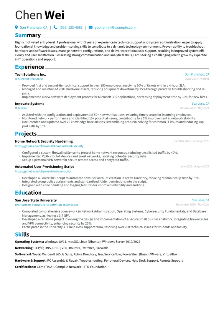 Entry-Level Information Technology Resume Example CV template preview