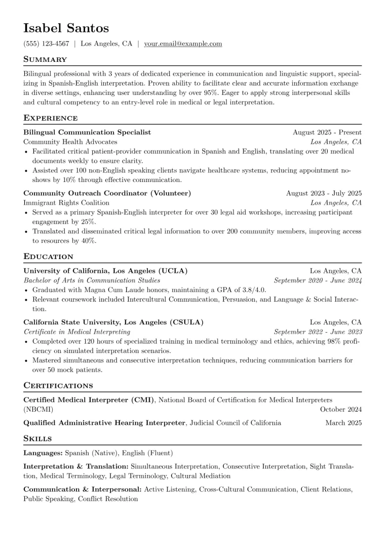 Entry Level Interpreter Resume Example CV template preview