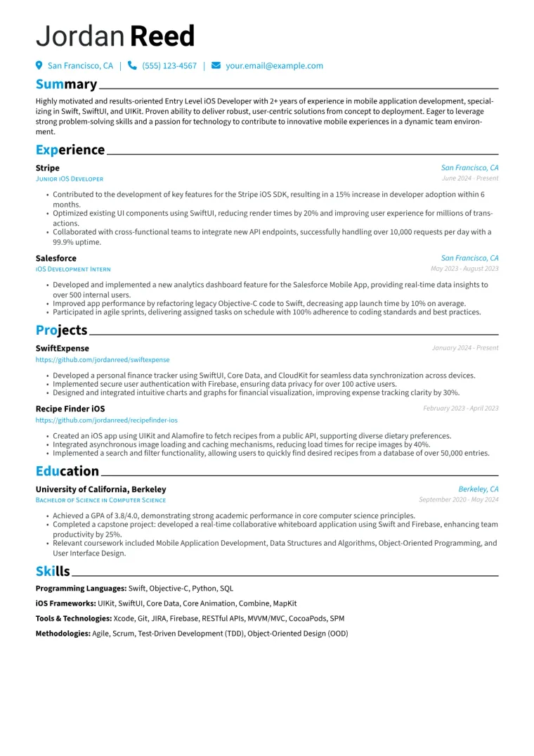 Entry Level iOS Developer Resume Example preview