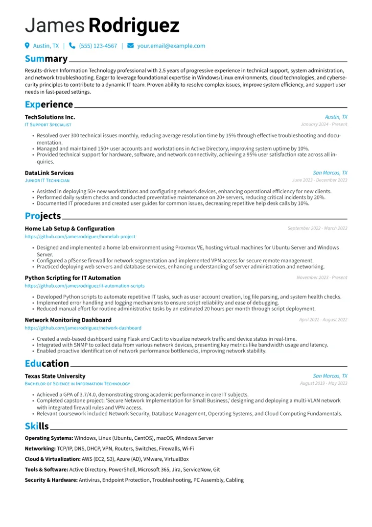 Entry-Level IT Resume Example CV template preview