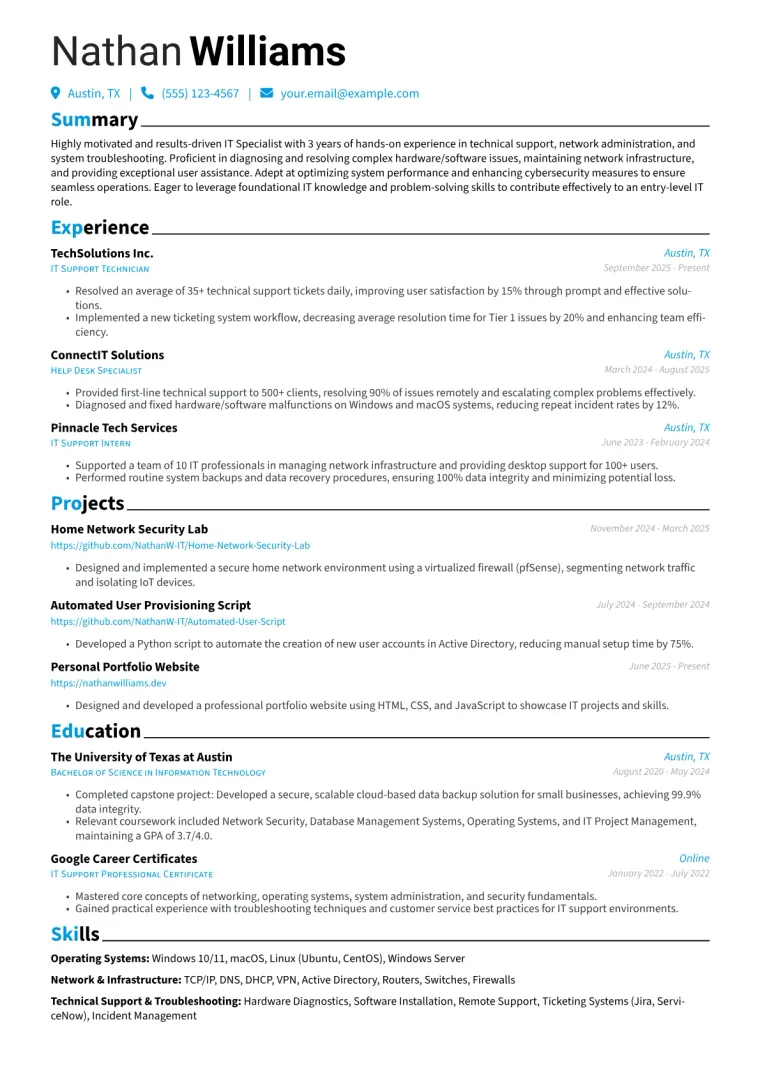 Entry Level IT Specialist Resume Example CV template preview