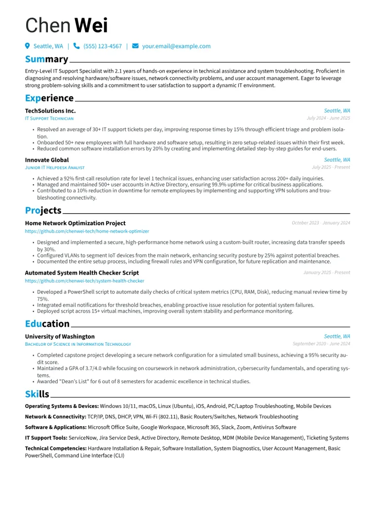 Entry-Level IT Support Specialist Resume Example preview