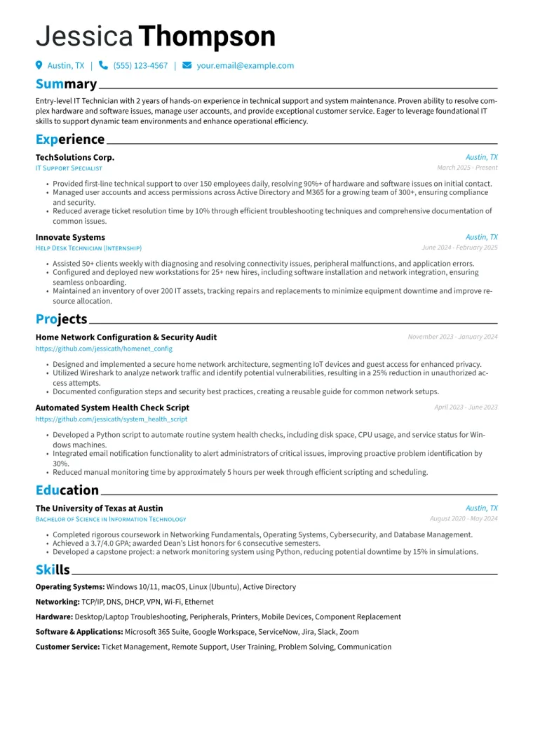 Entry-Level IT Technician Resume Example CV template preview