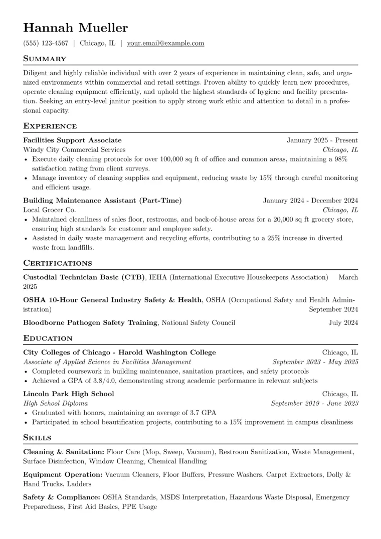 Entry-Level Janitor Resume Example CV template preview