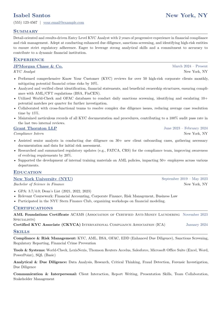 Entry Level KYC Analyst Resume Example CV template preview