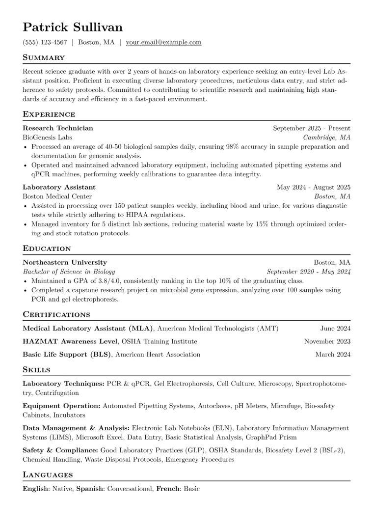 Entry Level Lab Assistant Resume Example CV template preview