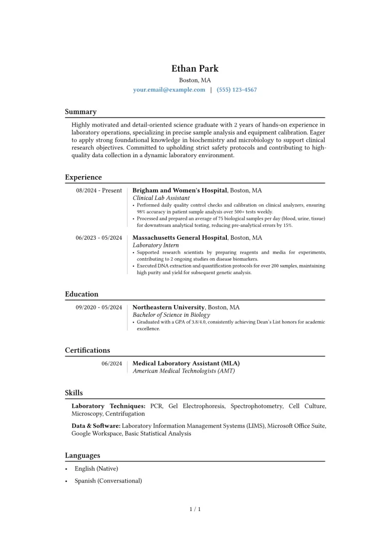 Entry Level Lab Technician Resume Example CV template preview