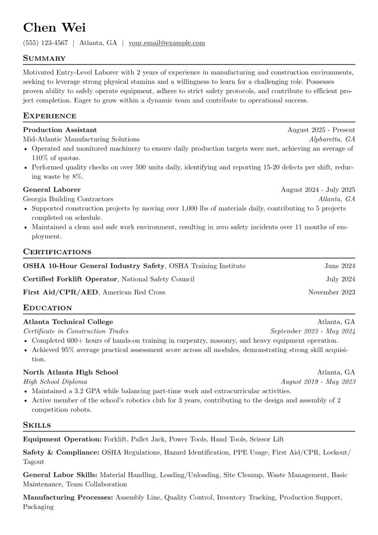 Entry-Level Laborer Resume Example preview